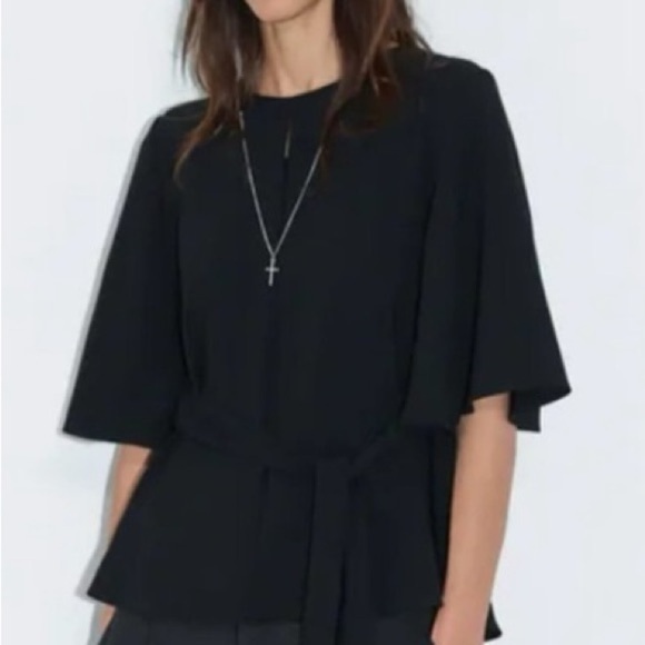 ZARA Women’s NWOT Size Small Keyhole Front Short Bell Sleeve Black Wrap Side Top - Picture 6 of 7